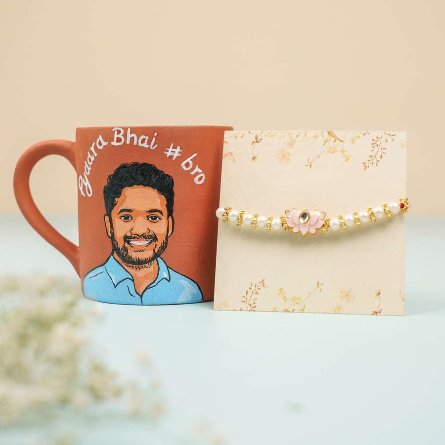 Photo Personalized Handmade Pyaara Bhai Theme Rakhi Hamper Includes 1 Mug 1 Rakhi - Front View with Rakhi