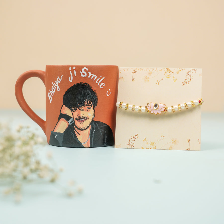 Photo Personalized Handmade Bhaiya Ji Theme Rakhi Hamper Includes 1 Mug 1 Rakhi - Product Styled with Rakhi
