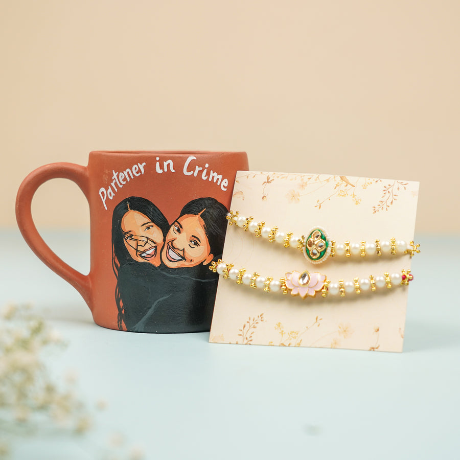 Photo Personalized Handmade Partner In Crime Rakhi Hamper Includes 1 Mug 2 Rakhi - Displayed with Rakhi Set