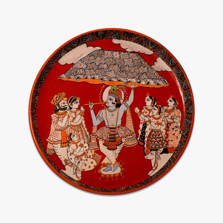 Handpainted Wooden Wall Plate With Krishna Artwork - Set Of 2 - Zwende