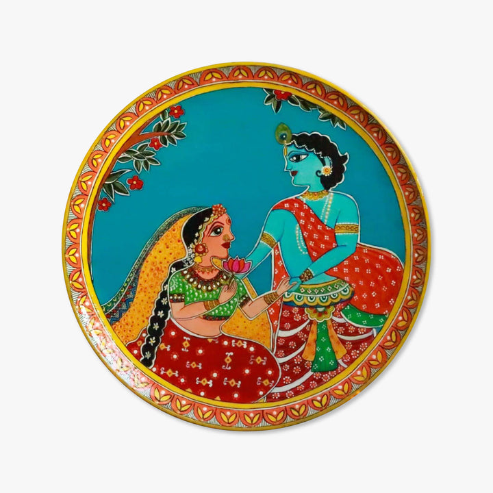 Handpainted Wooden Wall Plate With Radha Krishna Artwork - Zwende