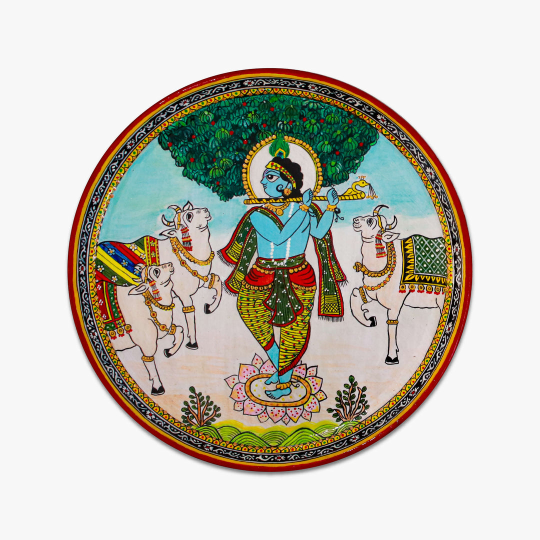 Handpainted Wooden Wall Plate With Radha Krishna Artwork - Set Of 2