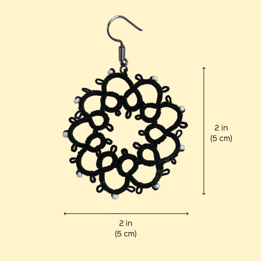 Handmade Tatting Black Atomic Inspired Cotton Lace Earrings