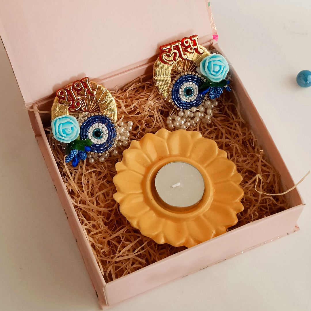 Handcrafted Ceramic Shubh Drishti Mini Diwali Gift Hamper With Tealight Holder And Shubh Labh Stickers