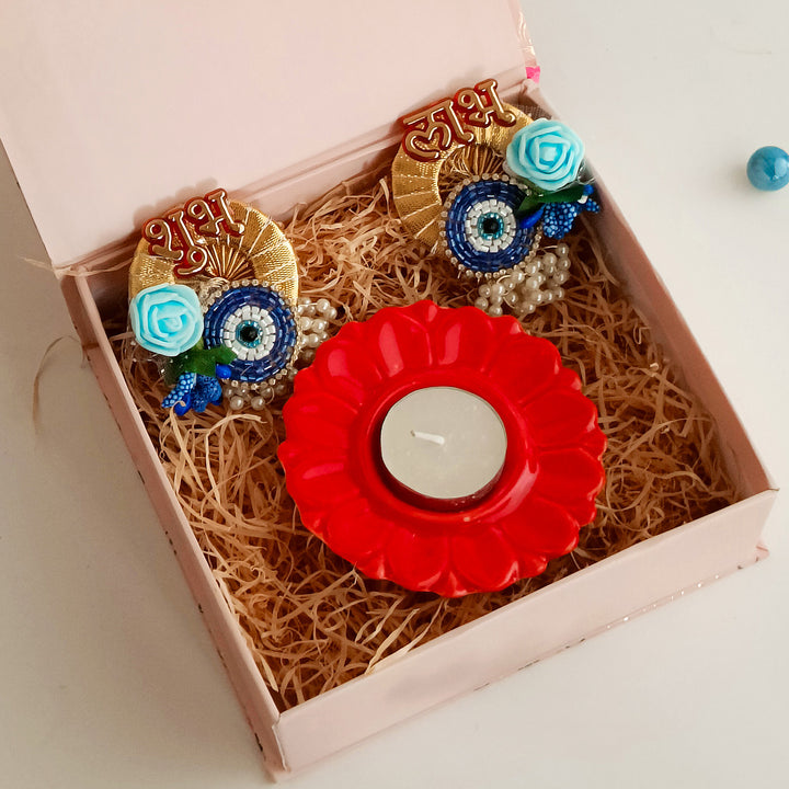 Handcrafted Ceramic Shubh Drishti Mini Diwali Gift Hamper With Tealight Holder And Shubh Labh Stickers