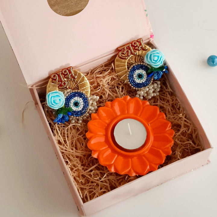 Handcrafted Ceramic Shubh Drishti Mini Diwali Gift Hamper With Tealight Holder And Shubh Labh Stickers