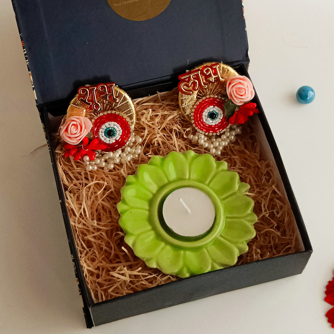 Handcrafted Ceramic Shubh Drishti Mini Diwali Gift Hamper With Tealight Holder And Shubh Labh Stickers