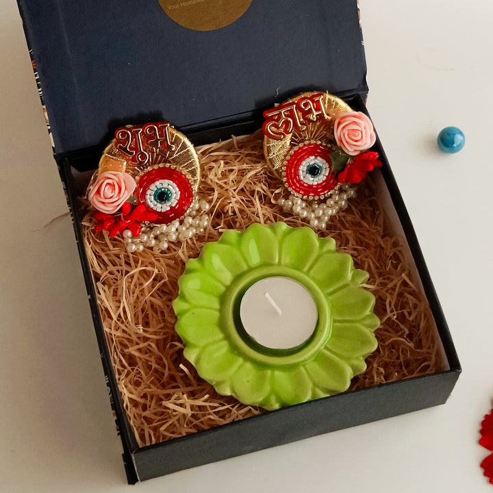 Handcrafted Ceramic Shubh Drishti Mini Diwali Gift Hamper With Tealight Holder And Shubh Labh Stickers