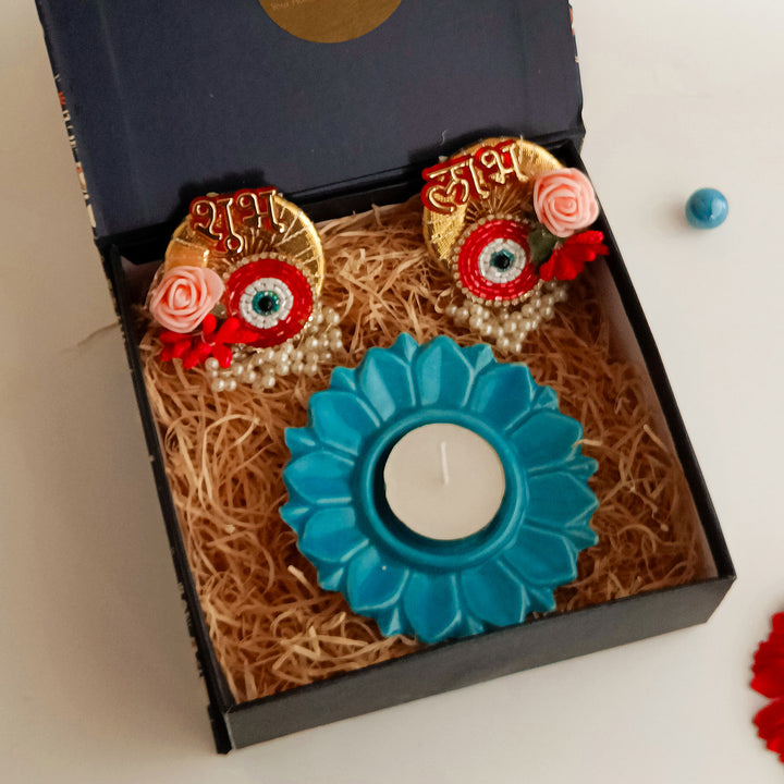 Handcrafted Ceramic Shubh Drishti Mini Diwali Gift Hamper With Tealight Holder And Shubh Labh Stickers