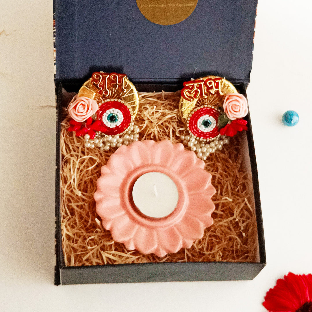 Handcrafted Ceramic Shubh Drishti Mini Diwali Gift Hamper With Tealight Holder And Shubh Labh Stickers