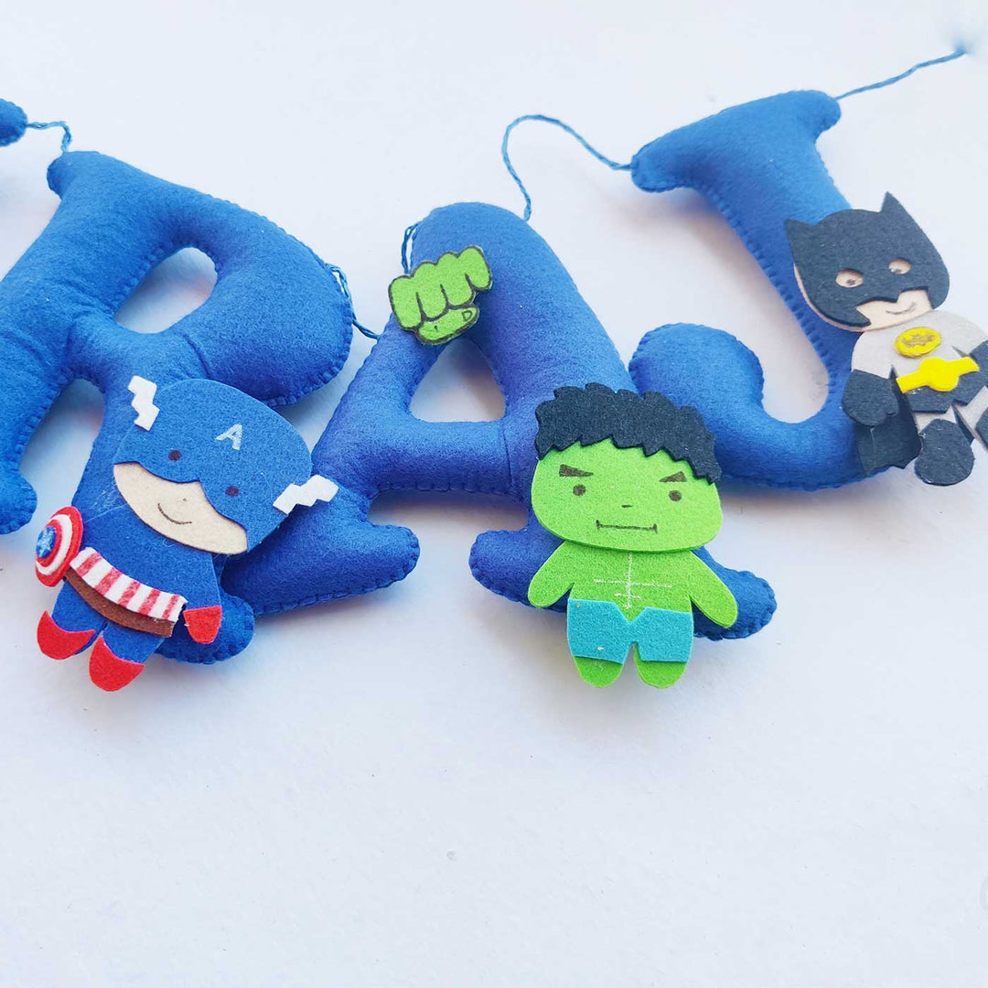 Handcrafted Personalized Superheroes Theme Felt Bunting - Name Personalization with Character Accents