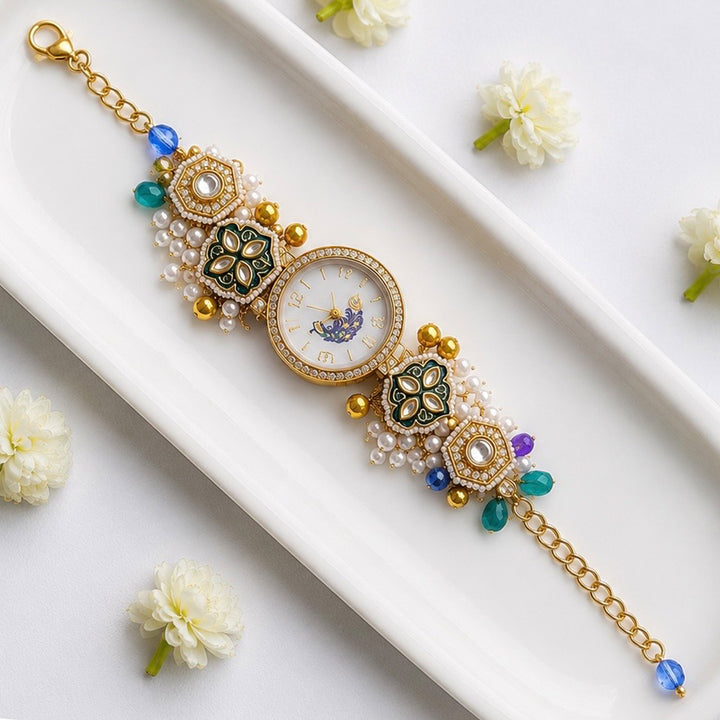 Handcrafted Meenakari Bhai Rakhi with Watch-Style Bhabhi Bracelet | Set of 2
