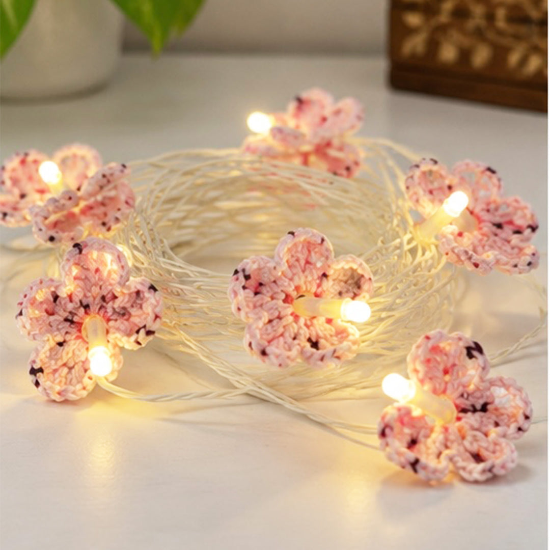 Handmade Crochet Blossom Wool LED Fairy Light For Festive Decor - Pink