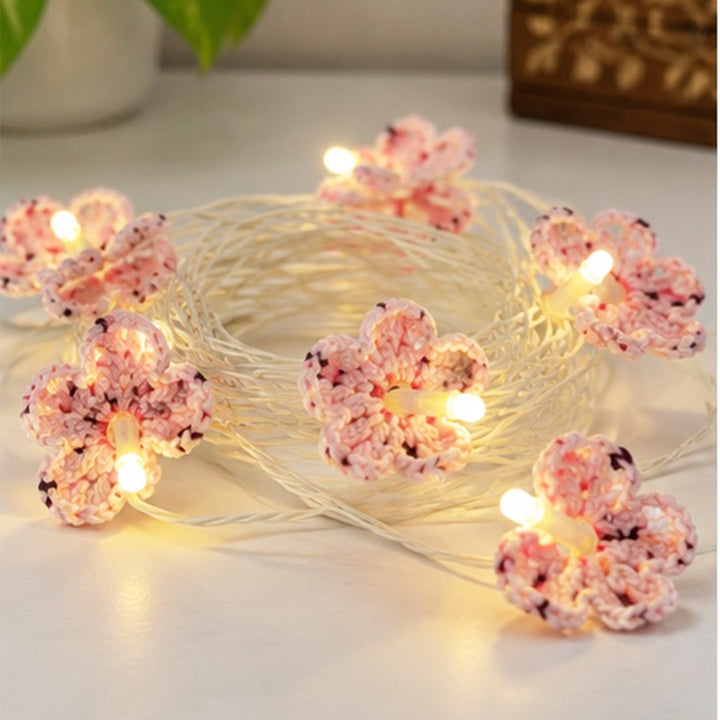 Handmade Crochet Blossom Wool LED Fairy Light For Festive Decor - Pink