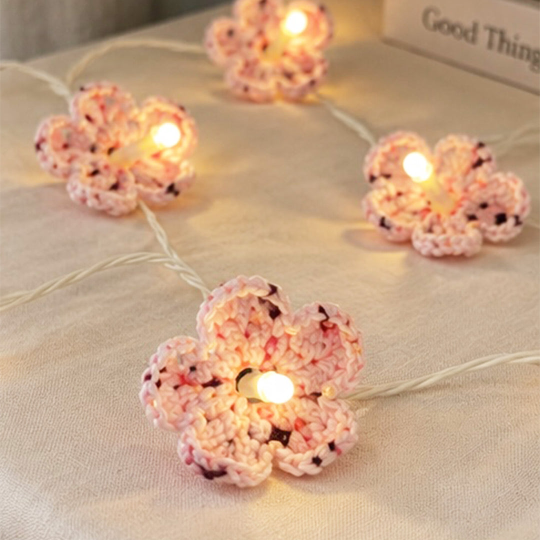 Handmade Crochet Blossom Wool LED Fairy Light For Festive Decor - Pink