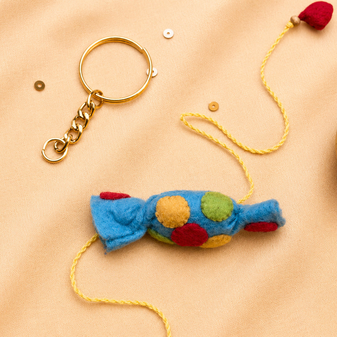Hand Embroidered Toffee Rakhi With Keychain For Brother