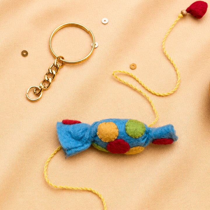 Hand Embroidered Toffee Rakhi With Keychain For Brother