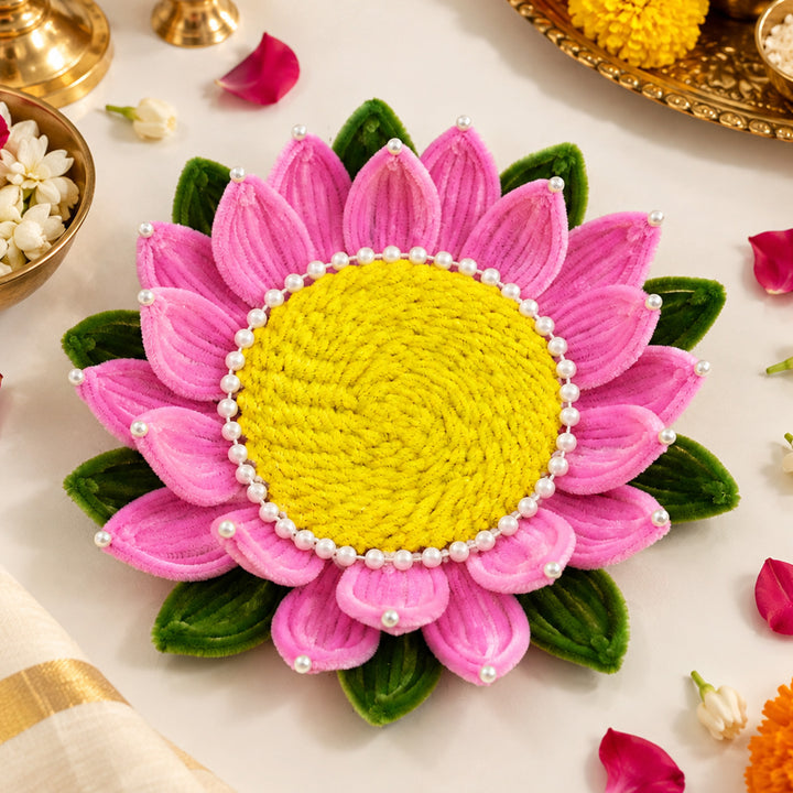 Handcrafted Pink & Yellow Lotus Pipe Cleaner Pooja Asan With LED Light