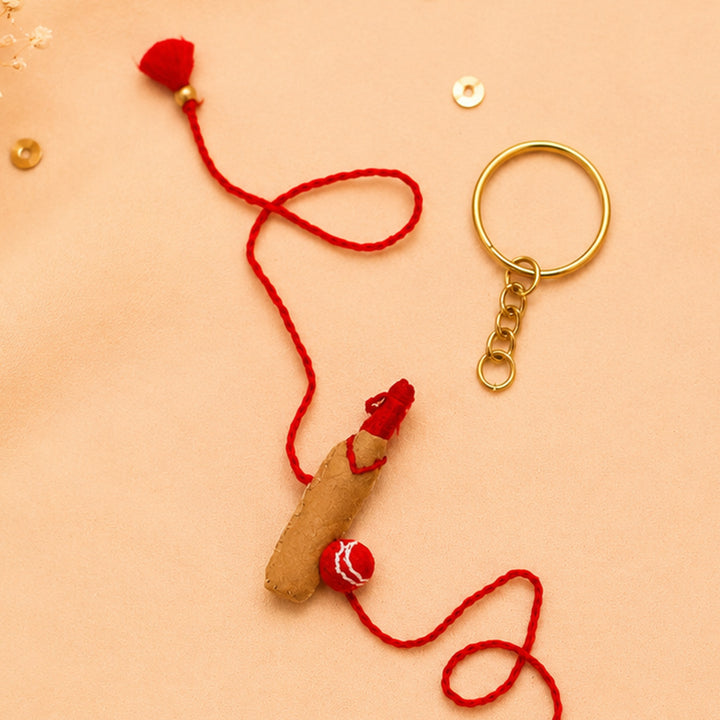 Hand Embroidered Bat And Ball Rakhi With Keychain For Brother