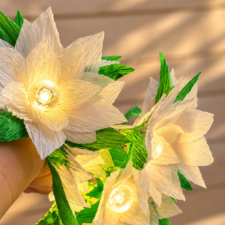 Handmade Phool Jhalar Crepe Paper Flower LED Fairy Light For Festive Decor - White & Green