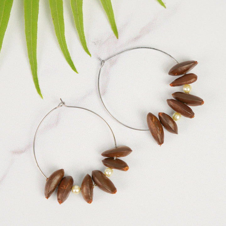 Handmade Beaded Brown Sitaphal Hoop Seed Earrings