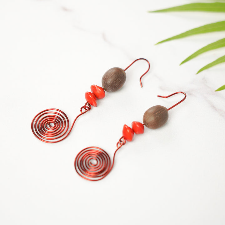 Handmade Brown Spiral Design Lotus & Gunj Seed Earrings