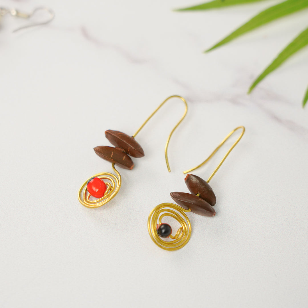 Handmade Brown Spiral Design Sitaphal & Gunj Seed Earrings