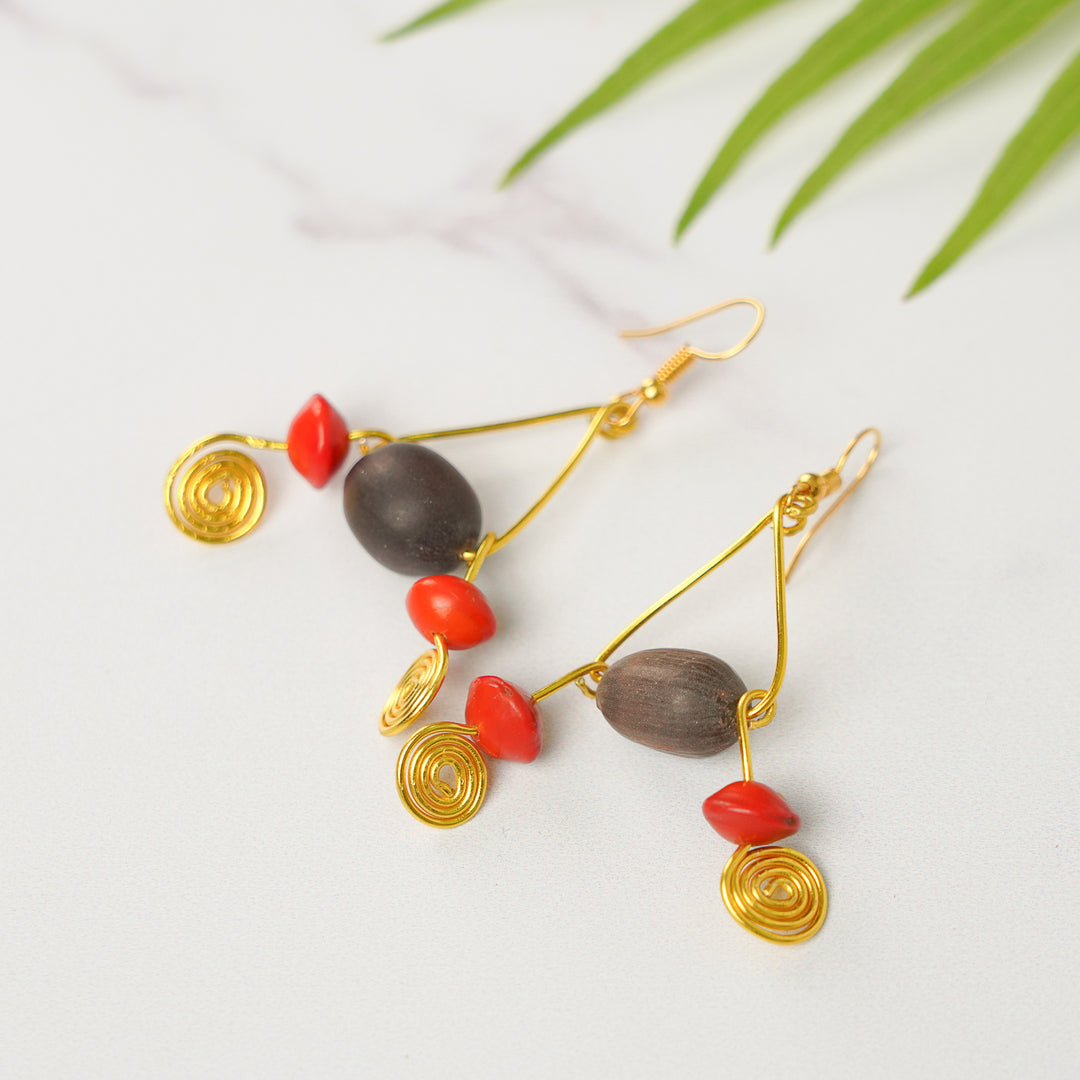 Handmade Brown & Red Spiral Lotus & Gunj Seed Earrings