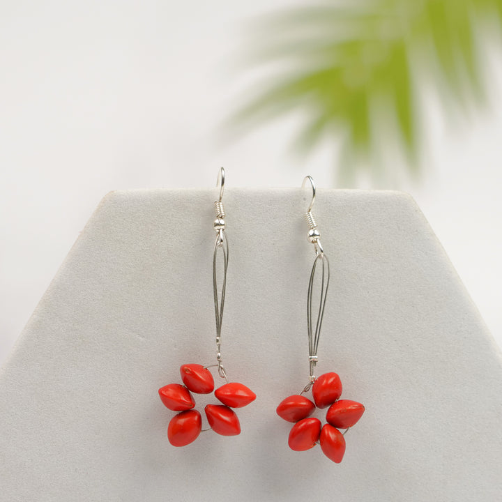 Handmade Red Flower Design Gunj Seed Earrings