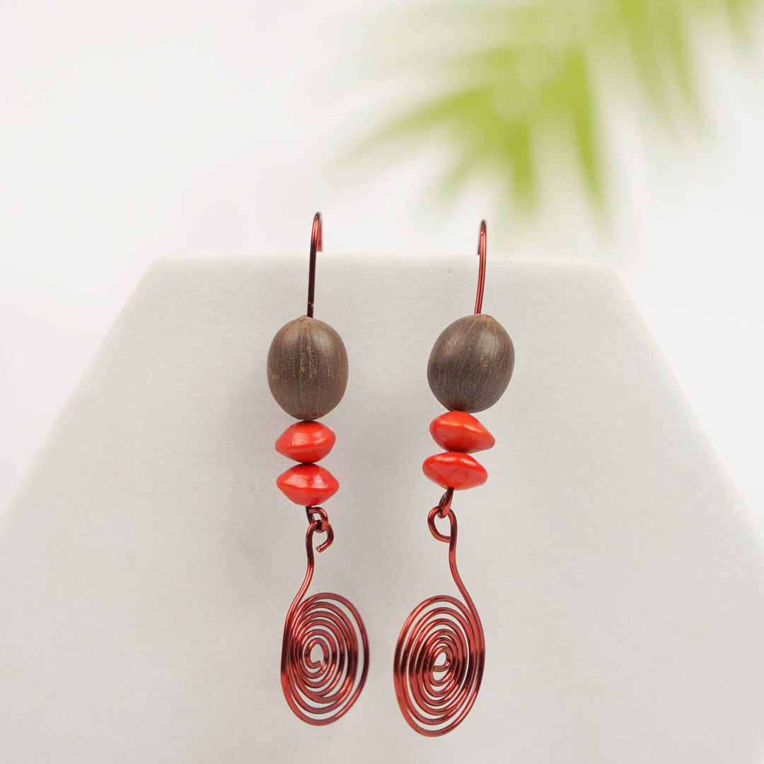 Handmade Brown Spiral Design Lotus & Gunj Seed Earrings