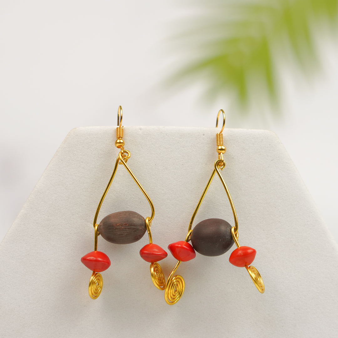 Handmade Brown & Red Spiral Lotus & Gunj Seed Earrings