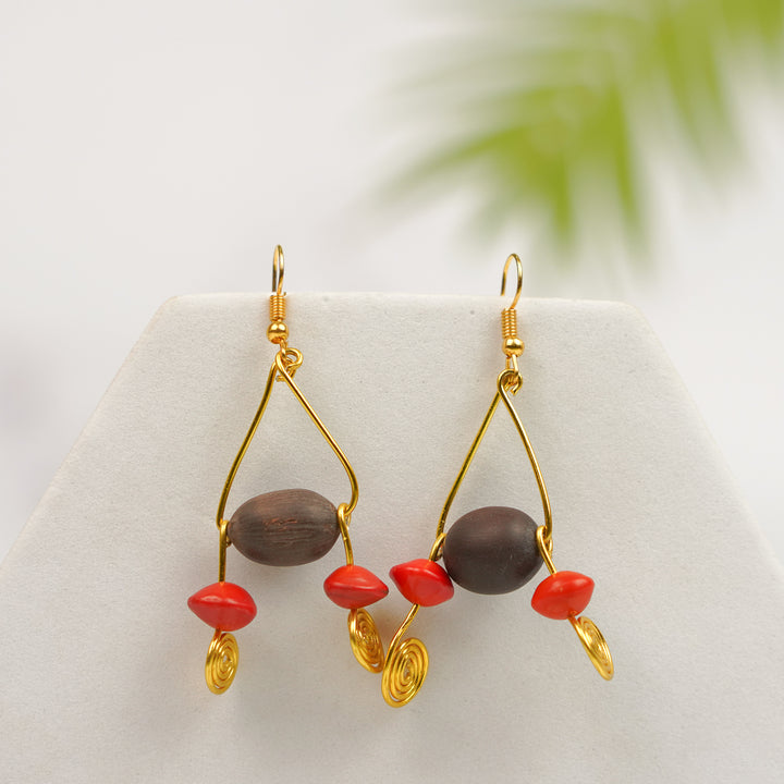 Handmade Brown & Red Spiral Lotus & Gunj Seed Earrings