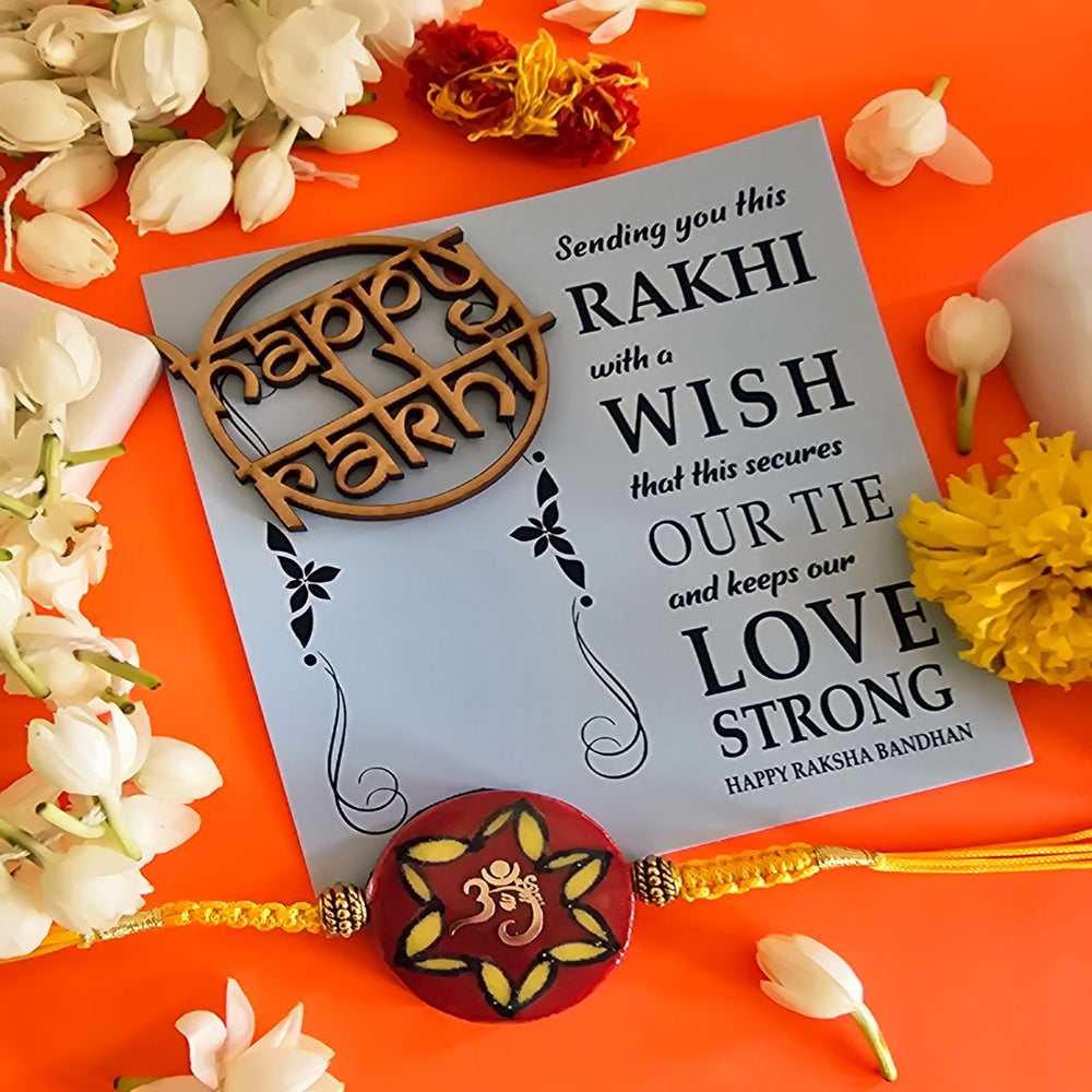 Handmade Laser Cut Red Om Ceramic Rakhi With Roli Chawal For Brother - Raksha Bandhan Gift Set with Card