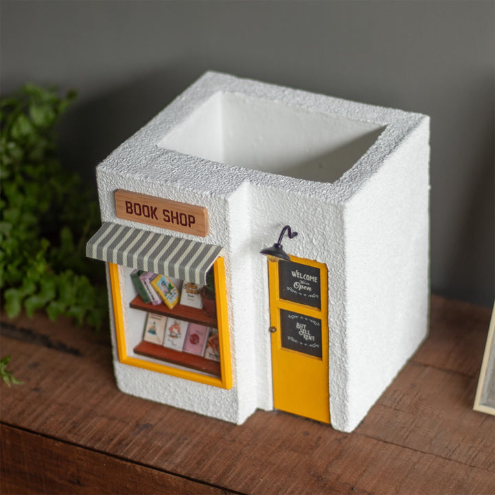Handmade Personalized Book Shop Themed White & Yellow Concrete Planter With Drainage Hole For Home Decor