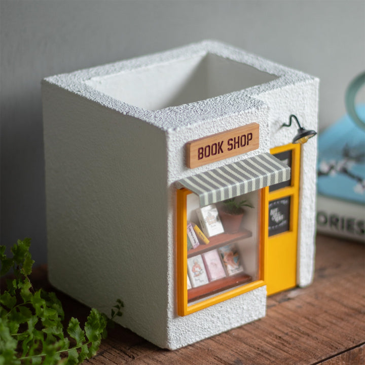 Handmade Personalized Book Shop Themed White & Yellow Concrete Planter With Drainage Hole For Home Decor