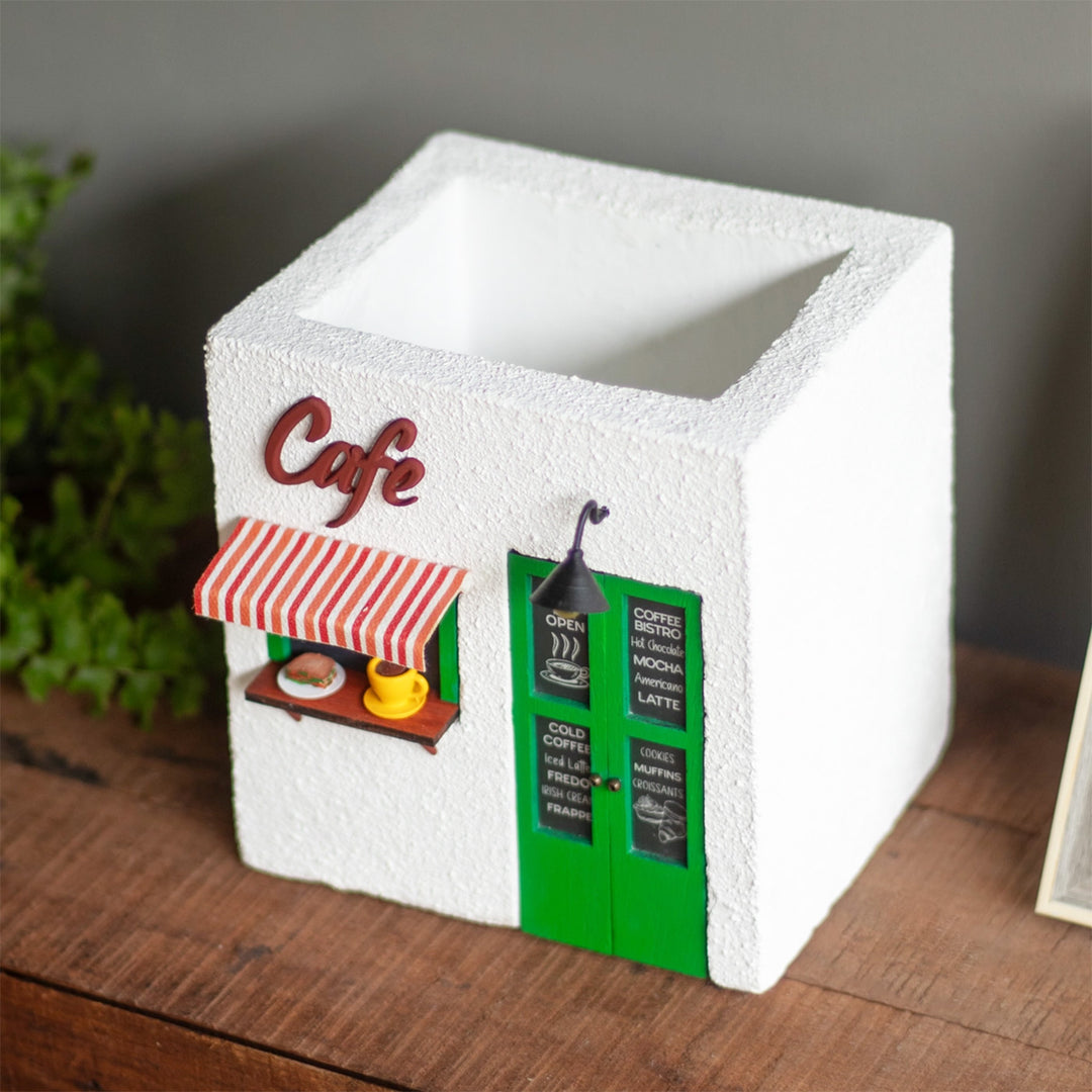 Handmade Personalized Café Themed White & Green Concrete Planter With Drainage Hole For Home Decor