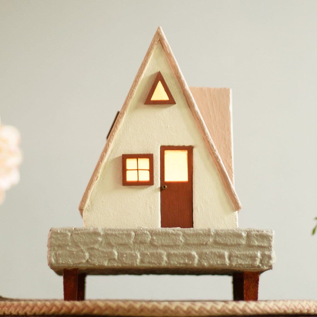 Handcrafted Concrete Cottage Tealight Holder For Festive Decor | Beige & Brown