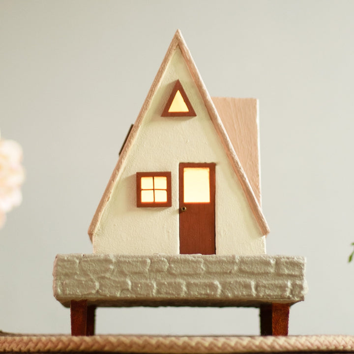 Handcrafted Concrete Cottage Tealight Holder For Festive Decor | Beige & Brown