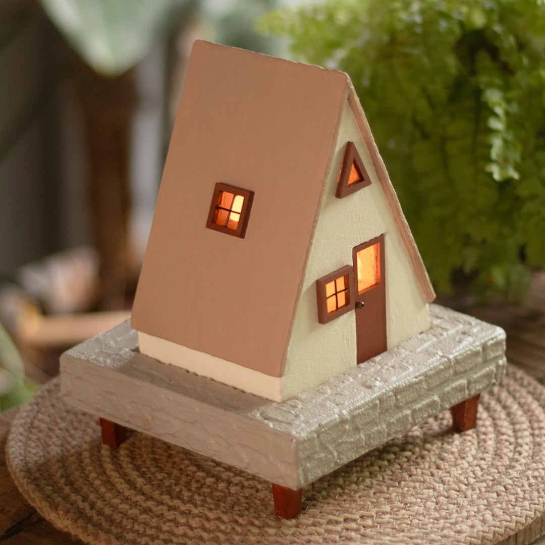 Handcrafted Concrete Cottage Tealight Holder For Festive Decor | Beige & Brown