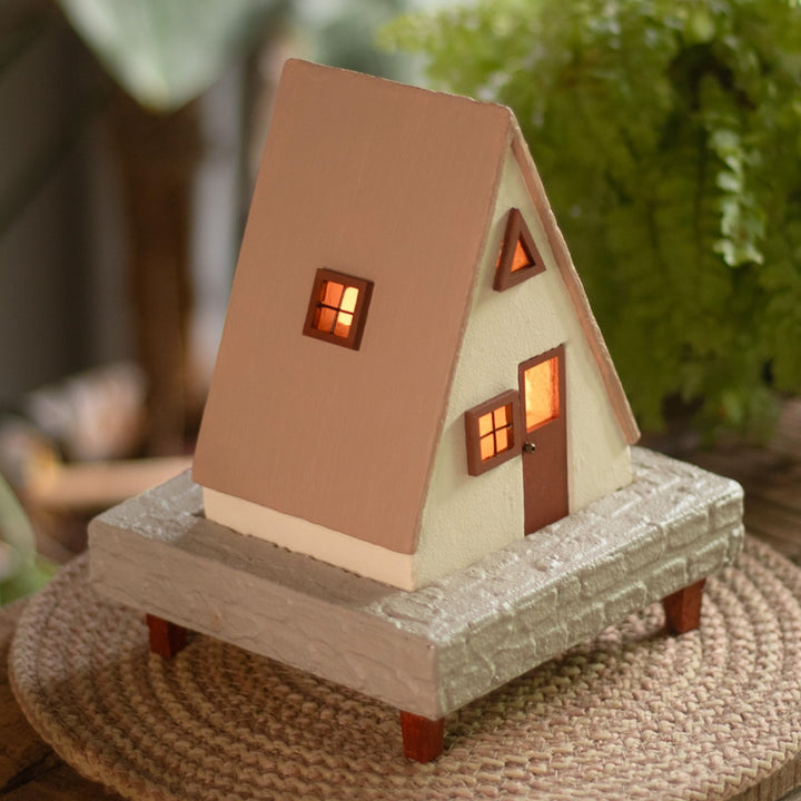 Handcrafted Concrete Cottage Tealight Holder For Festive Decor | Beige & Brown