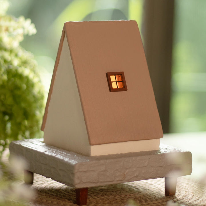 Handcrafted Concrete Cottage Tealight Holder For Festive Decor | Beige & Brown