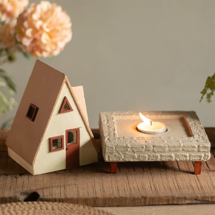 Handcrafted Concrete Cottage Tealight Holder For Festive Decor | Beige & Brown