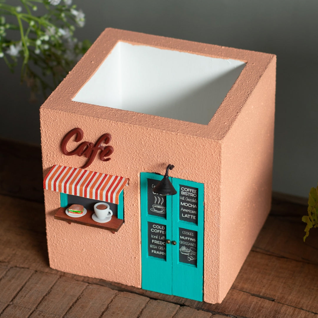 Handmade Persoanlized Café Themed Peach & Turquoise Concrete Planter With Drainage Hole For Home Decor