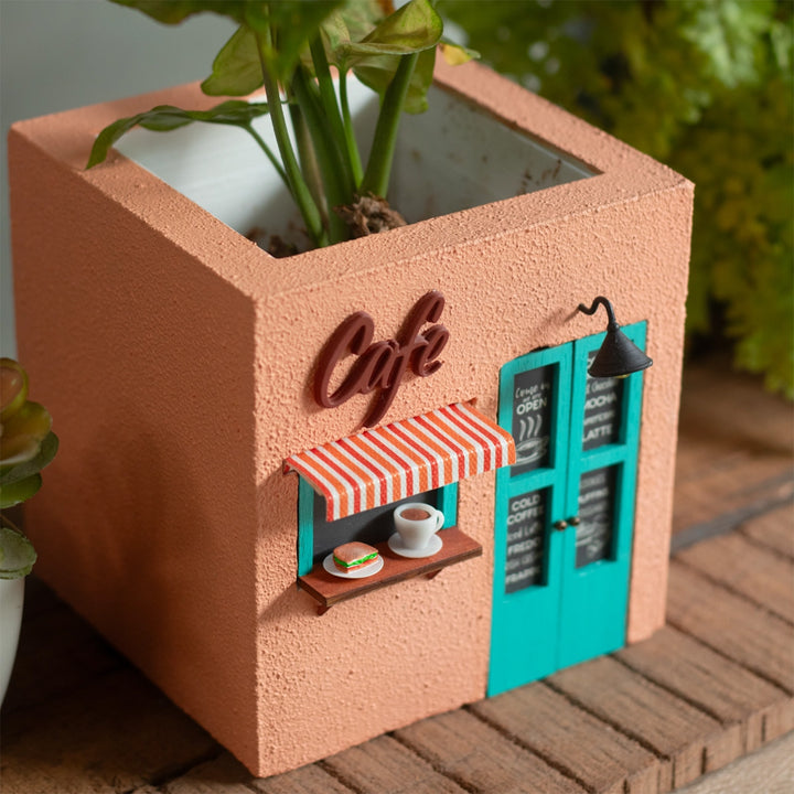 Handmade Persoanlized Café Themed Peach & Turquoise Concrete Planter With Drainage Hole For Home Decor