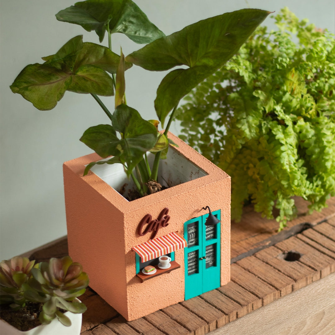 Handmade Persoanlized Café Themed Peach & Turquoise Concrete Planter With Drainage Hole For Home Decor