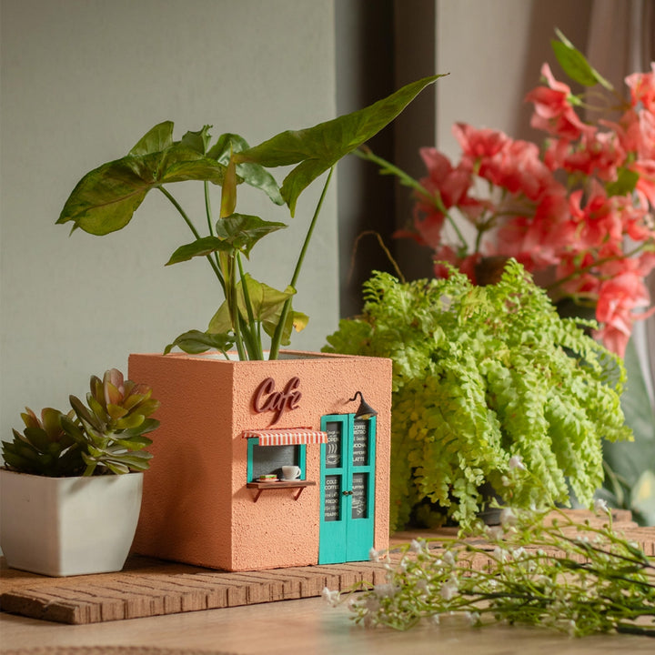 Handmade Persoanlized Café Themed Peach & Turquoise Concrete Planter With Drainage Hole For Home Decor