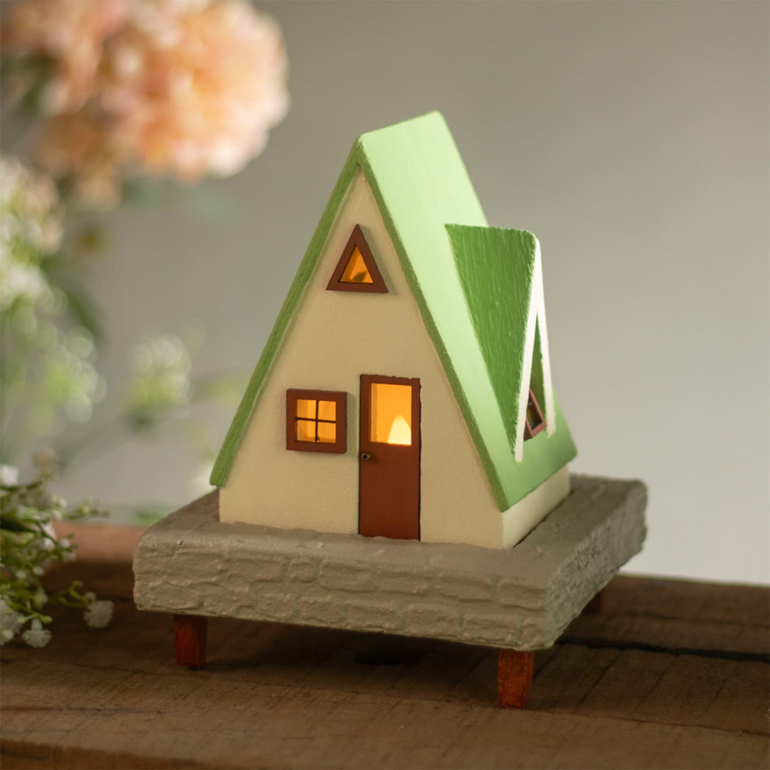 Handcrafted Concrete Cottage Tealight Holder For Festive Decor | Beige & Green