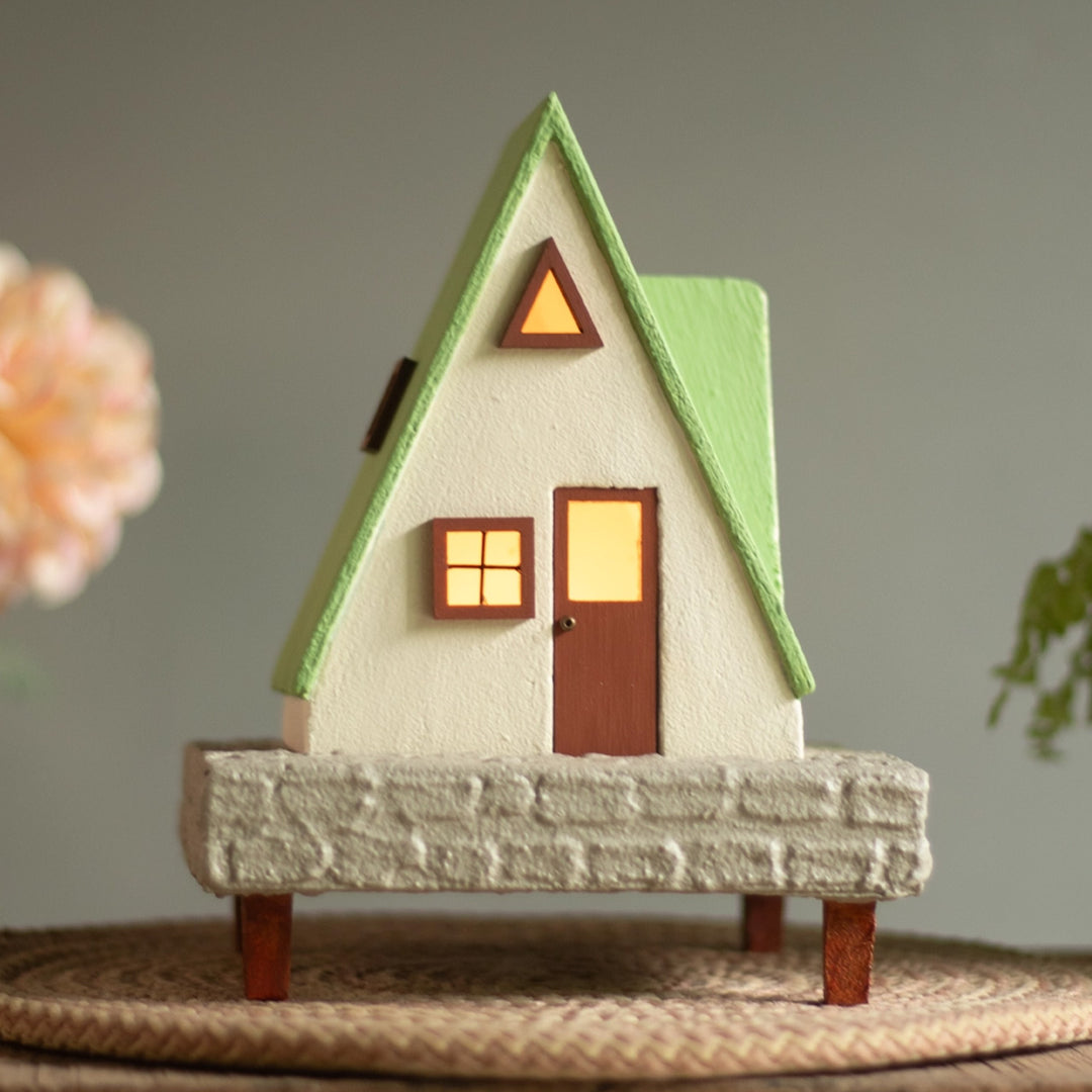 Handcrafted Concrete Cottage Tealight Holder For Festive Decor | Beige & Green