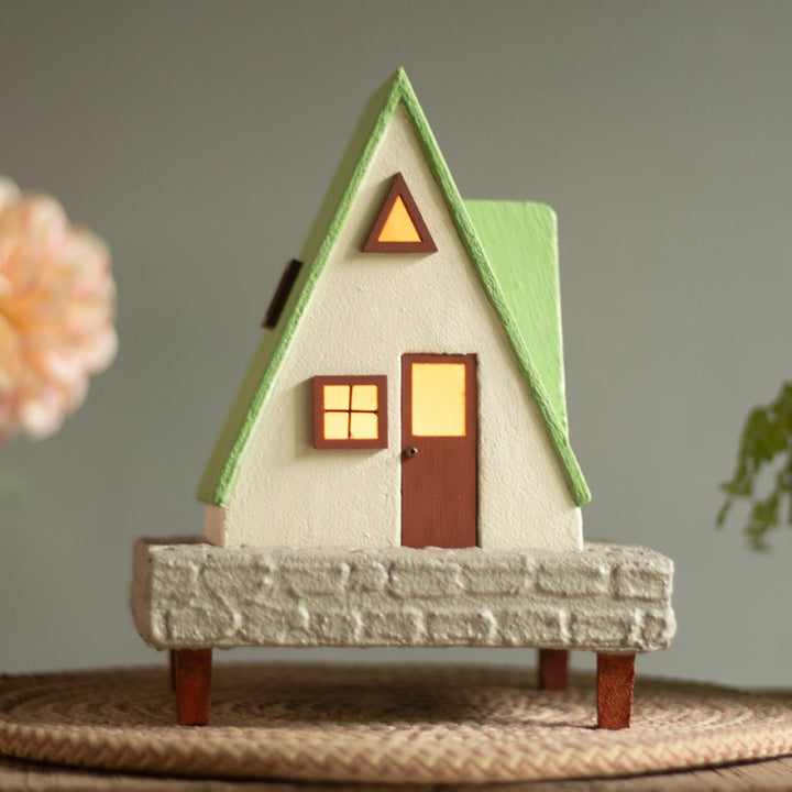 Handcrafted Concrete Cottage Tealight Holder For Festive Decor | Beige & Green
