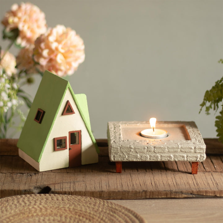 Handcrafted Concrete Cottage Tealight Holder For Festive Decor | Beige & Green